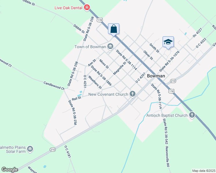map of restaurants, bars, coffee shops, grocery stores, and more near 470 Laura Street in Bowman