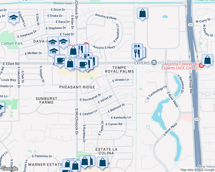 map of restaurants, bars, coffee shops, grocery stores, and more near 1915 East Vinedo Lane in Tempe