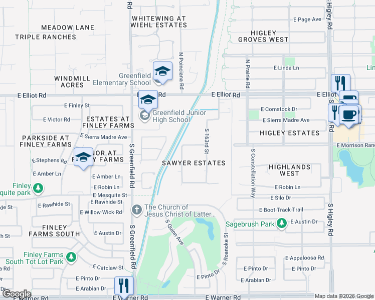 map of restaurants, bars, coffee shops, grocery stores, and more near 2611 East Palo Verde Street in Gilbert