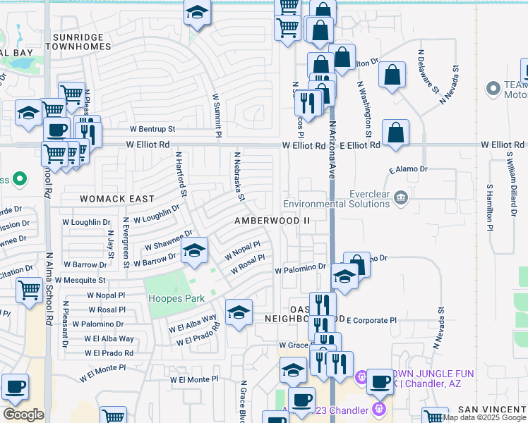 map of restaurants, bars, coffee shops, grocery stores, and more near 302 West Barrow Drive in Chandler