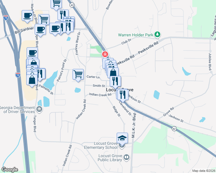 map of restaurants, bars, coffee shops, grocery stores, and more near 27 Brown in Locust Grove