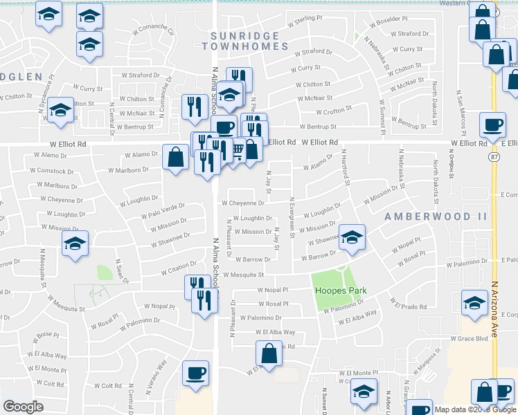 map of restaurants, bars, coffee shops, grocery stores, and more near 905 West Cheyenne Drive in Chandler