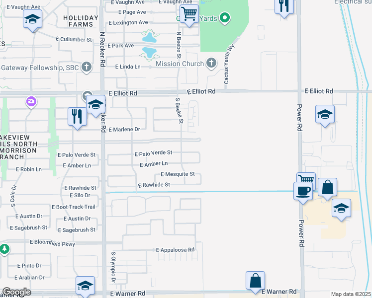 map of restaurants, bars, coffee shops, grocery stores, and more near 4322 East Palo Verde Street in Gilbert