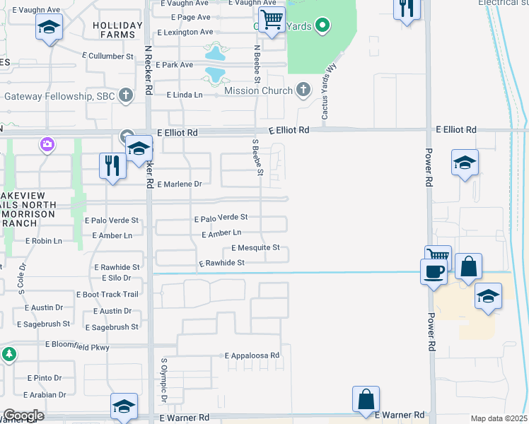 map of restaurants, bars, coffee shops, grocery stores, and more near 4322 East Palo Verde Street in Gilbert