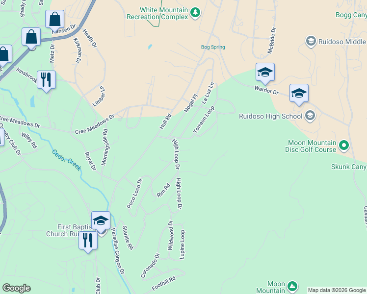 map of restaurants, bars, coffee shops, grocery stores, and more near 101-111 White Oaks Rd in Ruidoso