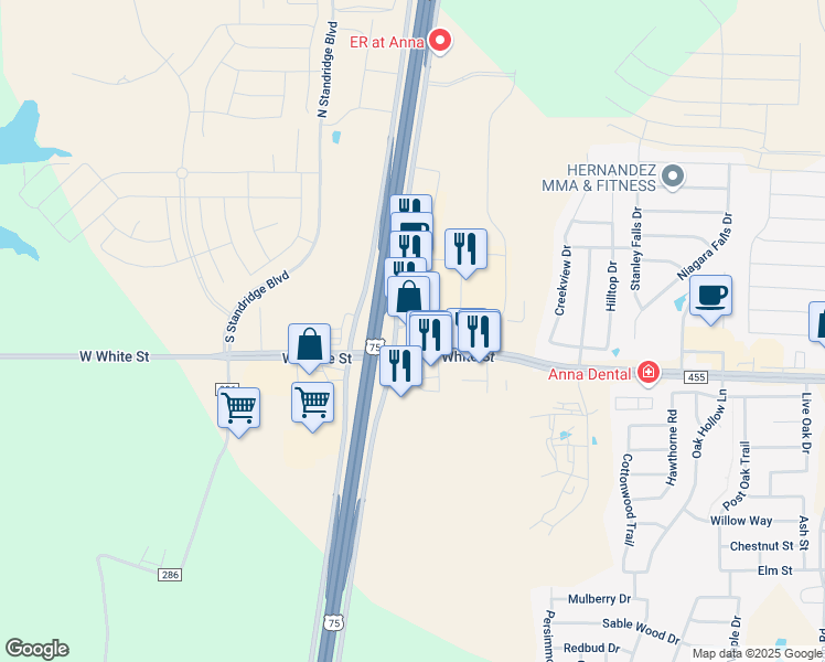 map of restaurants, bars, coffee shops, grocery stores, and more near 621 S Central Expy in Anna