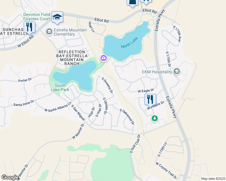 map of restaurants, bars, coffee shops, grocery stores, and more near 10991 South Dreamy Drive in Goodyear