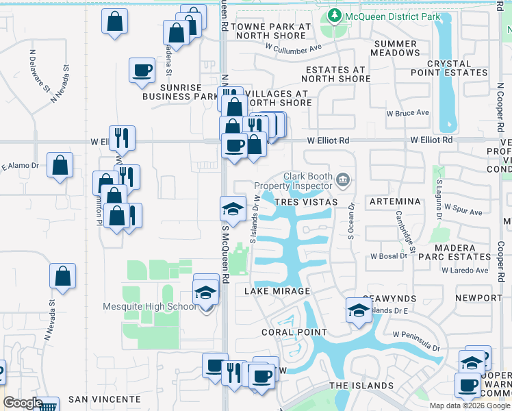 map of restaurants, bars, coffee shops, grocery stores, and more near West Bahia Court in Gilbert