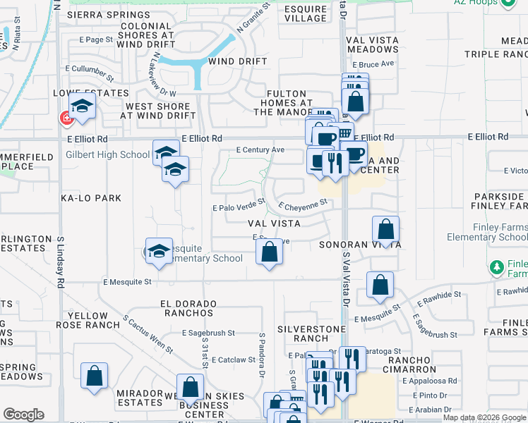 map of restaurants, bars, coffee shops, grocery stores, and more near 208 South Quartz Street in Gilbert