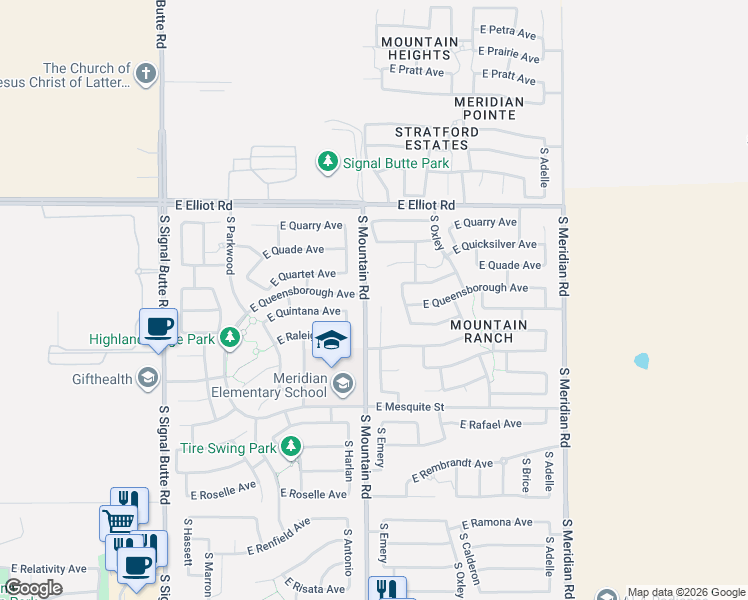 map of restaurants, bars, coffee shops, grocery stores, and more near S Mountain Rd in Mesa