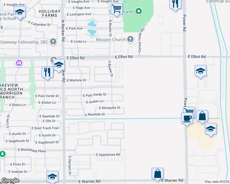 map of restaurants, bars, coffee shops, grocery stores, and more near 4322 East Palo Verde Street in Gilbert