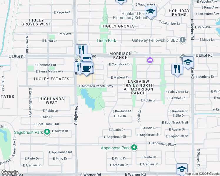 map of restaurants, bars, coffee shops, grocery stores, and more near 3423 East Morrison Ranch Parkway in Gilbert