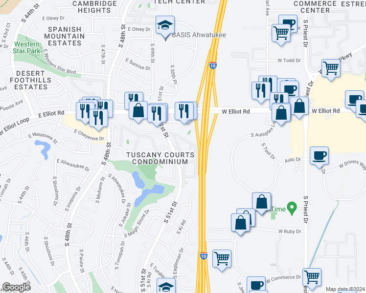 map of restaurants, bars, coffee shops, grocery stores, and more near 11025 South 51st Street in Phoenix
