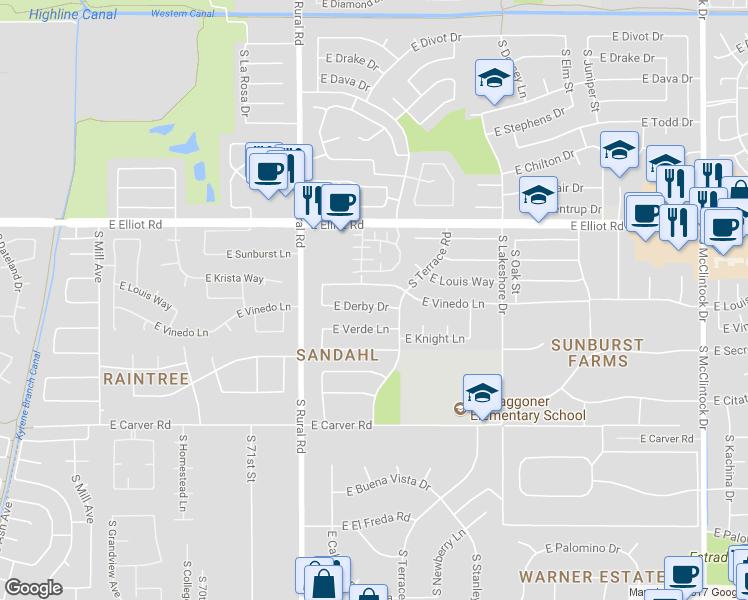 map of restaurants, bars, coffee shops, grocery stores, and more near 1016 East Derby Drive in Tempe