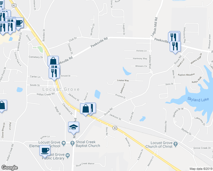 map of restaurants, bars, coffee shops, grocery stores, and more near 487 Louise Way in Locust Grove