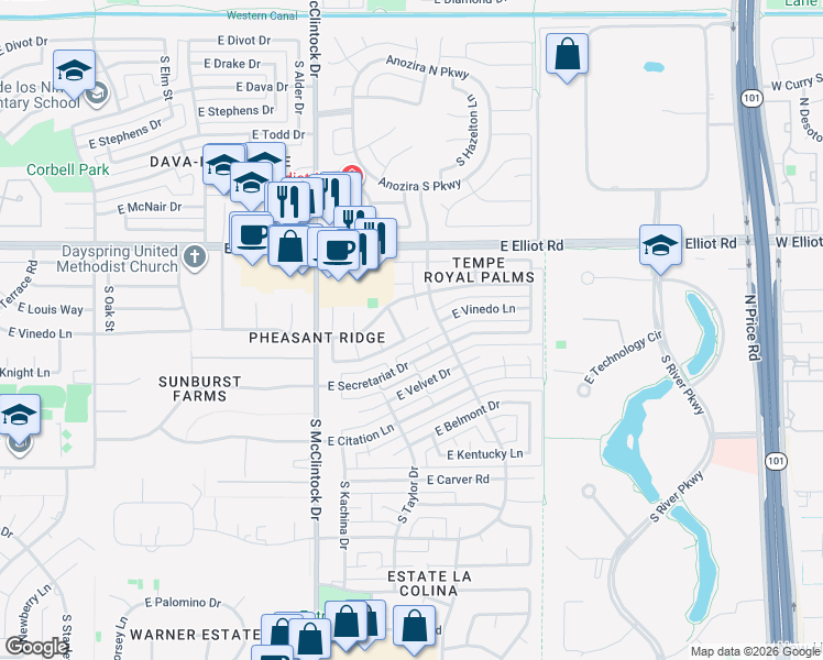 map of restaurants, bars, coffee shops, grocery stores, and more near 1864 East Vinedo Lane in Tempe