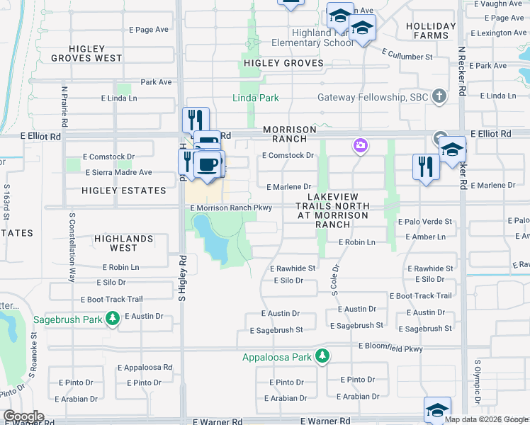 map of restaurants, bars, coffee shops, grocery stores, and more near 3423 East Morrison Ranch Parkway in Gilbert
