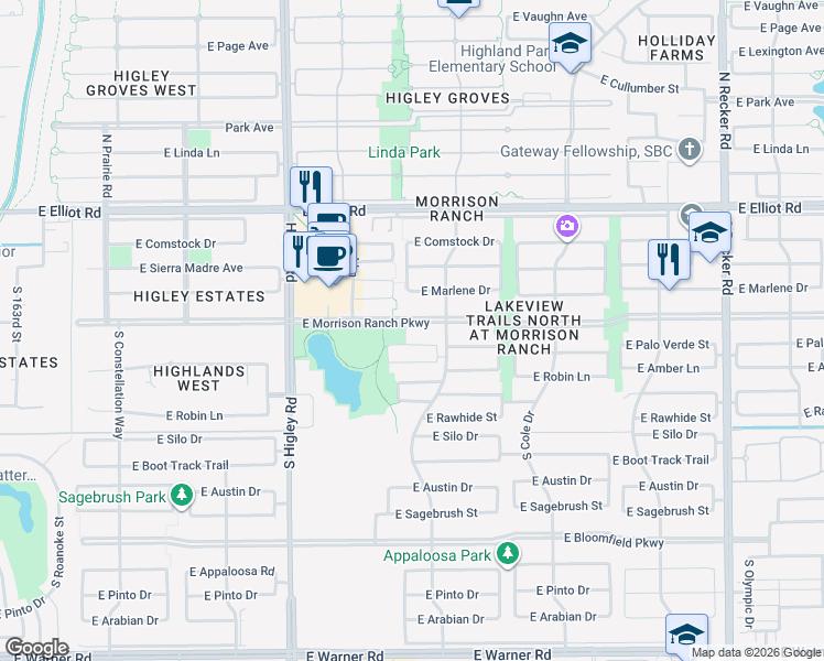 map of restaurants, bars, coffee shops, grocery stores, and more near 3423 East Morrison Ranch Parkway in Gilbert