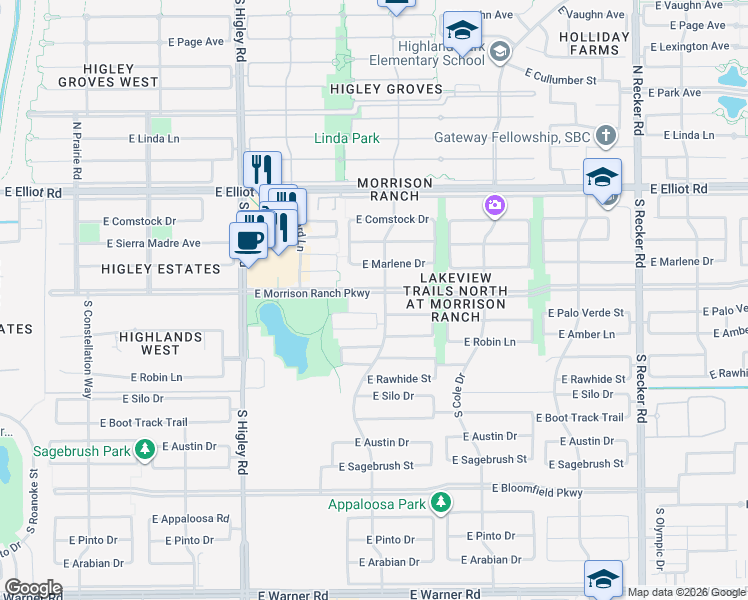 map of restaurants, bars, coffee shops, grocery stores, and more near 3477 East Morrison Ranch Parkway in Gilbert