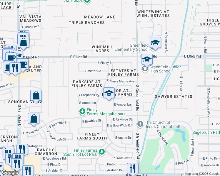 map of restaurants, bars, coffee shops, grocery stores, and more near 207 South Debra Court in Gilbert