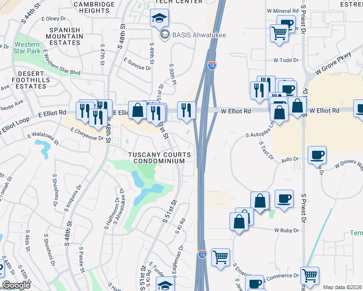 map of restaurants, bars, coffee shops, grocery stores, and more near 11025 South 51st Street in Phoenix