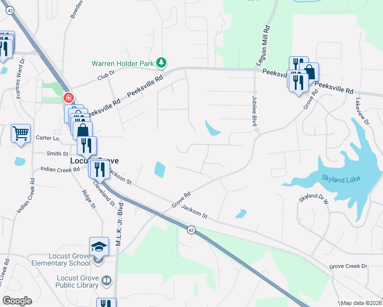 map of restaurants, bars, coffee shops, grocery stores, and more near 475 Louise Way in Locust Grove