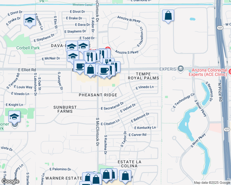 map of restaurants, bars, coffee shops, grocery stores, and more near 7801 South Peach Drive in Tempe