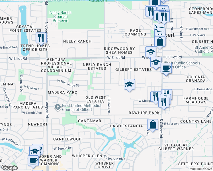 map of restaurants, bars, coffee shops, grocery stores, and more near 351 West Palo Verde Street in Gilbert