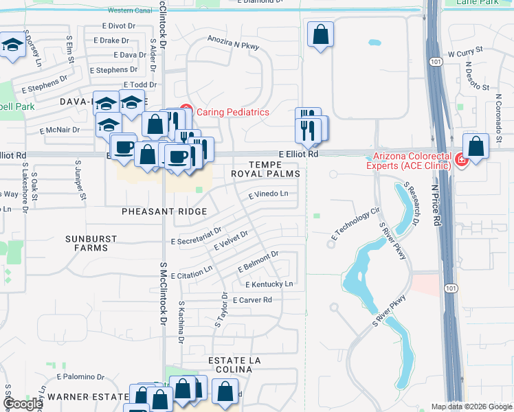 map of restaurants, bars, coffee shops, grocery stores, and more near 1928 East Secretariat Drive in Tempe