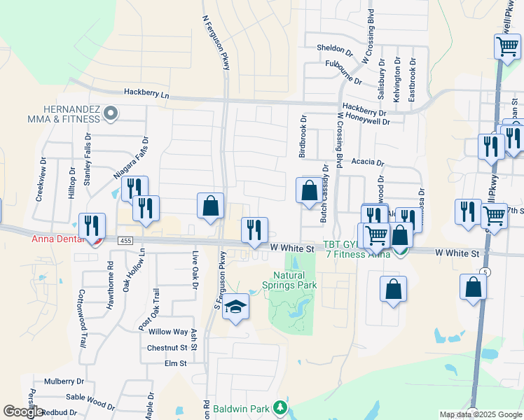 map of restaurants, bars, coffee shops, grocery stores, and more near 421 Brook View Court in Anna