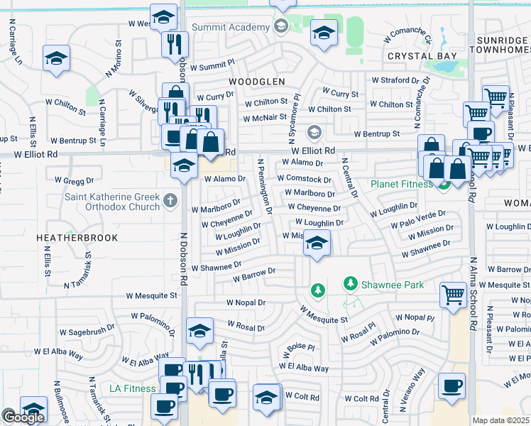 map of restaurants, bars, coffee shops, grocery stores, and more near 2802 North Pennington Drive in Chandler