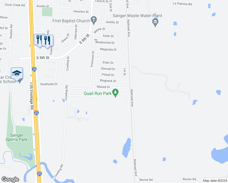 map of restaurants, bars, coffee shops, grocery stores, and more near 115 Teal Drive in Sanger