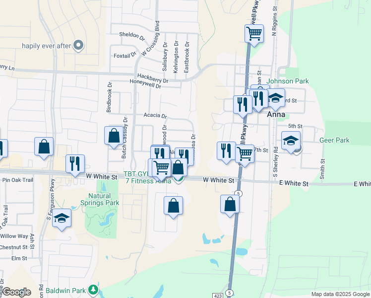 map of restaurants, bars, coffee shops, grocery stores, and more near 716 Alder Drive in Anna