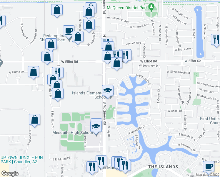 map of restaurants, bars, coffee shops, grocery stores, and more near 1546 West Bahia Court in Gilbert