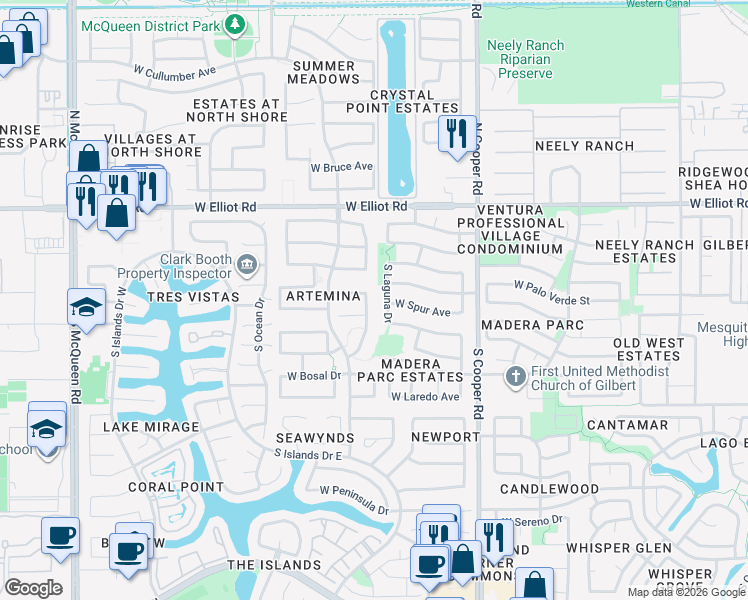 map of restaurants, bars, coffee shops, grocery stores, and more near 177 South Presidio Drive in Gilbert