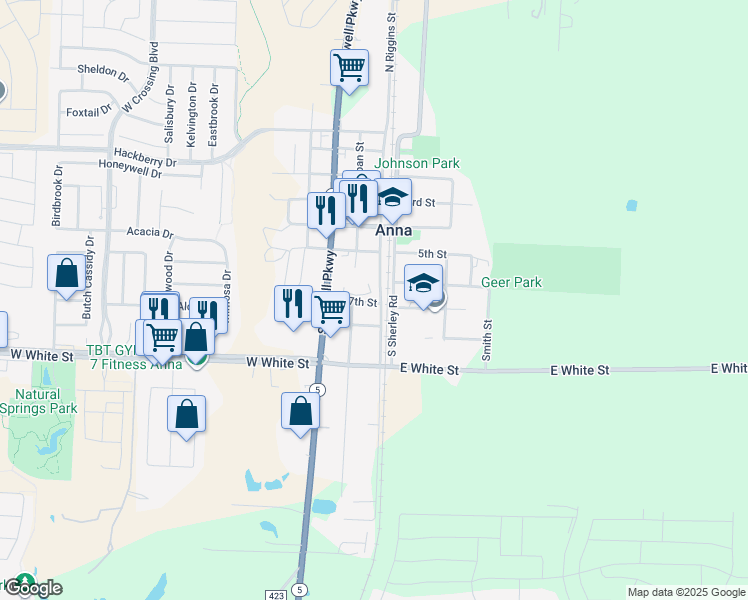 map of restaurants, bars, coffee shops, grocery stores, and more near 124 West 7th Street in Anna