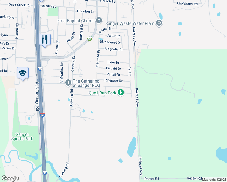 map of restaurants, bars, coffee shops, grocery stores, and more near 123 Teal Rd in Sanger