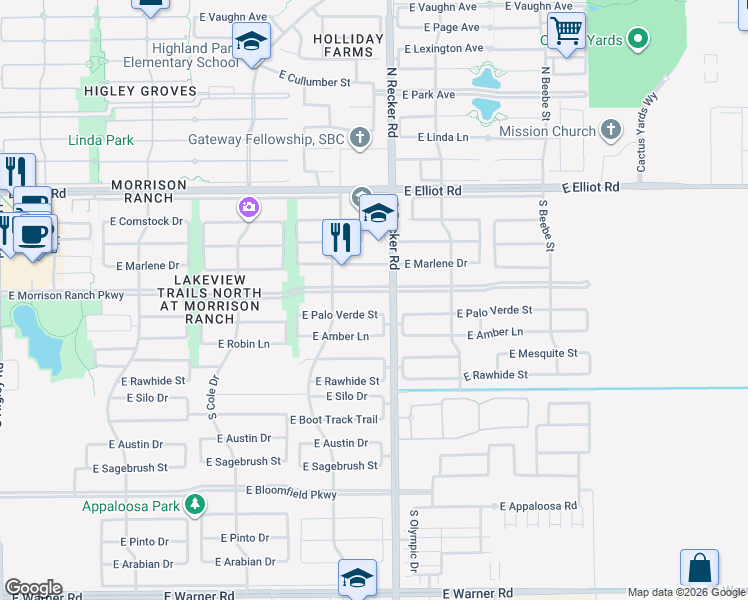 map of restaurants, bars, coffee shops, grocery stores, and more near 3969 East Morrison Ranch Parkway in Gilbert