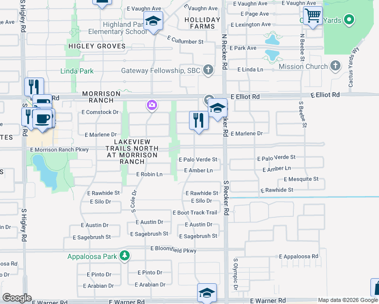 map of restaurants, bars, coffee shops, grocery stores, and more near 3829 East Morrison Ranch Parkway in Gilbert