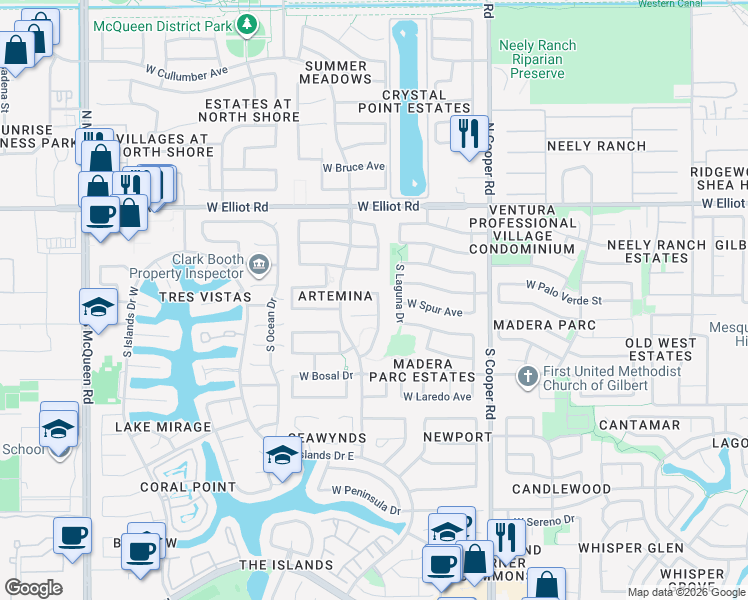 map of restaurants, bars, coffee shops, grocery stores, and more near 177 South Presidio Drive in Gilbert