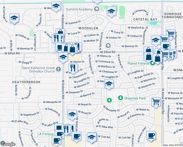 map of restaurants, bars, coffee shops, grocery stores, and more near 2802 North Pennington Drive in Chandler