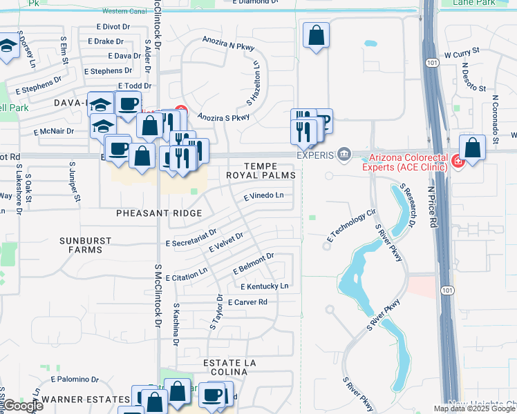 map of restaurants, bars, coffee shops, grocery stores, and more near 1928 East Secretariat Drive in Tempe