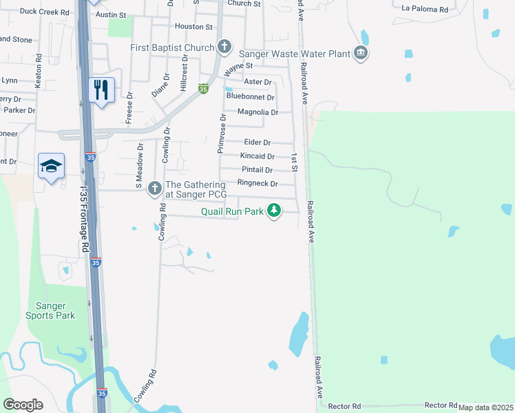 map of restaurants, bars, coffee shops, grocery stores, and more near 123 Teal Road in Sanger