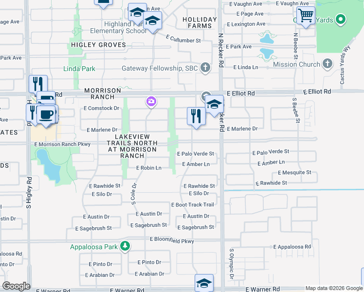 map of restaurants, bars, coffee shops, grocery stores, and more near 3839 East Morrison Ranch Parkway in Gilbert
