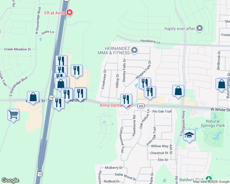 map of restaurants, bars, coffee shops, grocery stores, and more near 514 Hilltop Drive in Anna