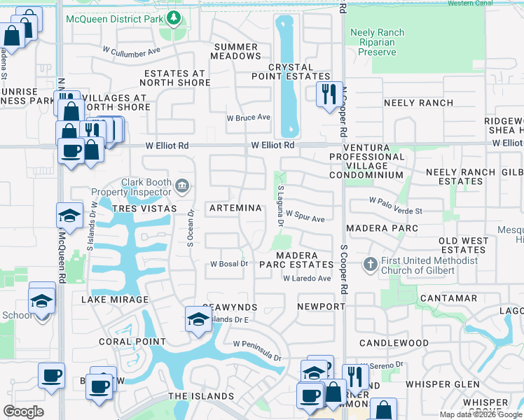 map of restaurants, bars, coffee shops, grocery stores, and more near 177 South Presidio Drive in Gilbert
