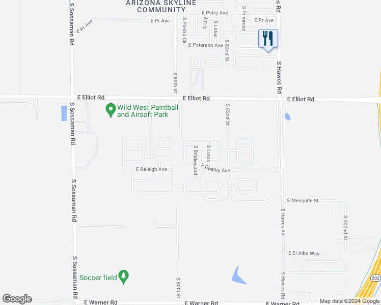 map of restaurants, bars, coffee shops, grocery stores, and more near 19645 East Elliot Road in Mesa
