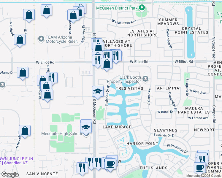 map of restaurants, bars, coffee shops, grocery stores, and more near 1450 West Bahia Court in Gilbert