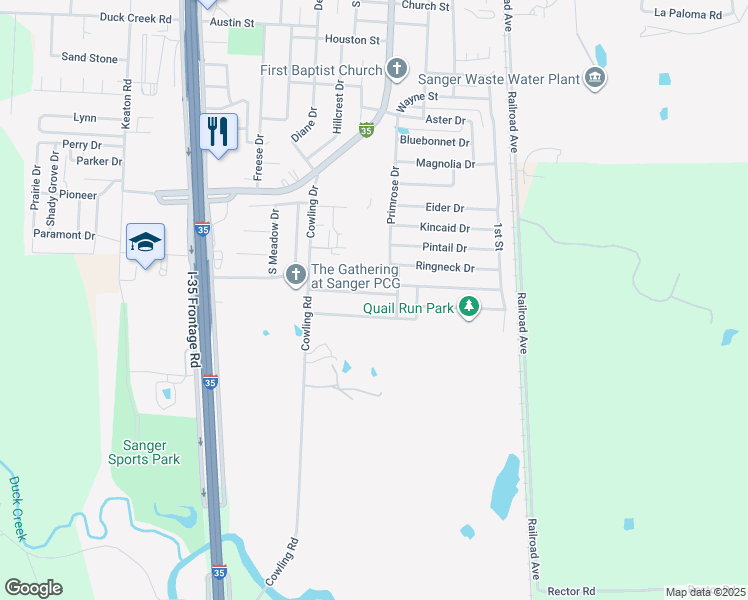 map of restaurants, bars, coffee shops, grocery stores, and more near 308 Quail Crossing Dr in Sanger