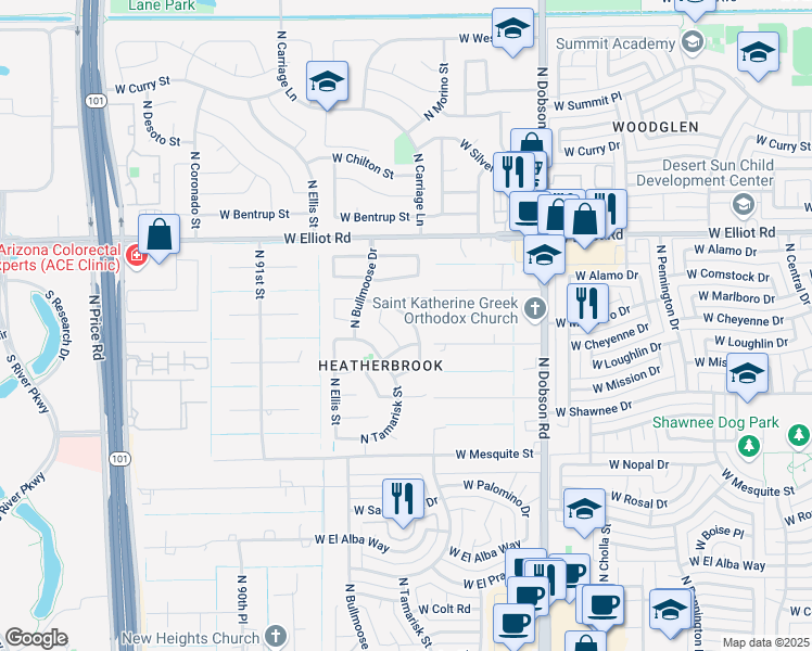 map of restaurants, bars, coffee shops, grocery stores, and more near 2676 North Carriage Lane in Chandler